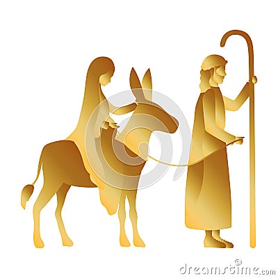 Golden joseph and mary virgin in mule manger characters Vector Illustration