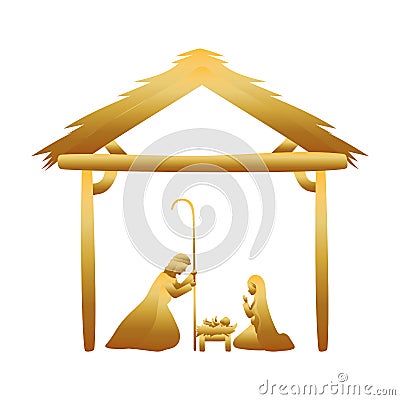 Golden joseph and mary virgin in stable manger characters Vector Illustration