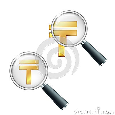 Golden Kazakhstani tenge currency sign with magnifying glass. Vector Illustration