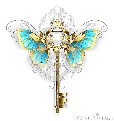 Golden key with butterfly wings Vector Illustration