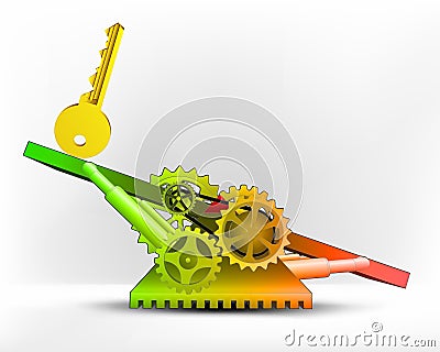 Golden key in green area on swing machine concept vector Vector Illustration