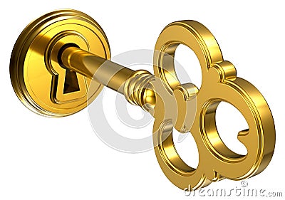 Golden key in keyhole Stock Photo
