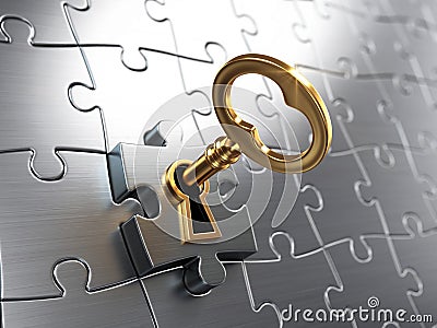 Golden key and puzzle Stock Photo