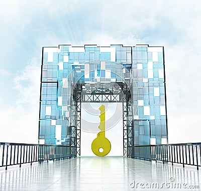 Golden key under grand entrance gateway building Cartoon Illustration