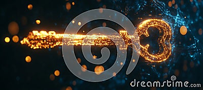 Golden Key Unlocking Digital Opportunities, Surrounded by Data Streams and Binary Code. Stock Photo