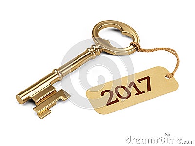 Golden Key with 2017 year tag on white Stock Photo