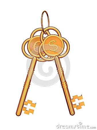 Golden keys with euro and dollar Stock Photo