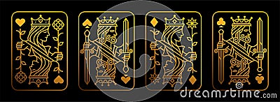 Golden King and queen playing card vector illustration set of hearts, Spade, Diamond and Club, Royal card design collection Vector Illustration