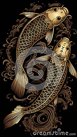 Golden koi fish, creative digital illustration, animals, marine life Cartoon Illustration