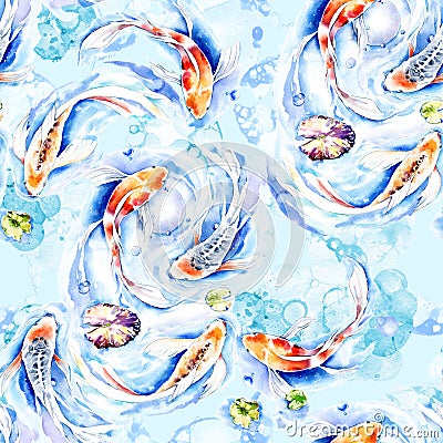 Golden Koi fish watercolor seamless pattern. Beautiful hand drawn texture. Stock Photo