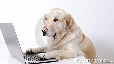 Golden Labrador Dog working on laptop computer Stock Photo