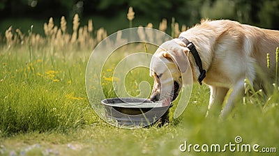 Golden labrador retriever dog drinking water from dog bowl in meadow on hot summer day walking, pet love and care copy space Stock Photo