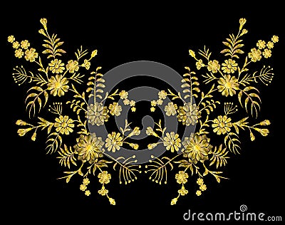 Golden lace pattern of flowers on a black background. Imitation embroidery. Chamomile, forget-me-not, gerbera, paisley rustic vint Cartoon Illustration
