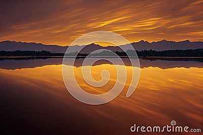 Golden lake and mountains under sunrise dramatic sky. Stock Photo