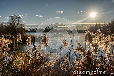 Golden lake view with lake sunset Stock Photo