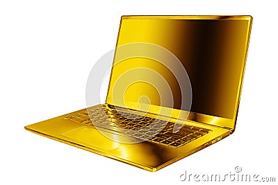 Golden laptop blank screen white background isolated close up side view, gold metal computer, open empty display, modern notebook Stock Photo