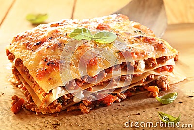 Golden lasagne with meat and pasta Stock Photo