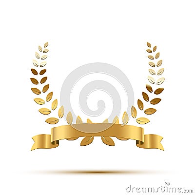 Golden laurel wreath with ribbon. Vector luxury design element. Vector Illustration