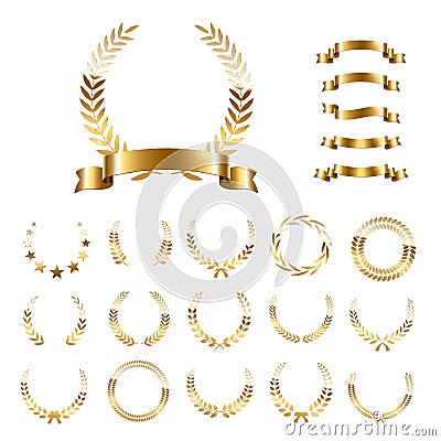 Golden laurel wreaths and ribbons set on white background. Set of foliate award wreath for championship or cinema Vector Illustration