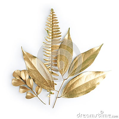 Golden leaf design elements. Decoration elements for invitation, wedding cards, valentines day, greeting cards. Isolated on white Stock Photo