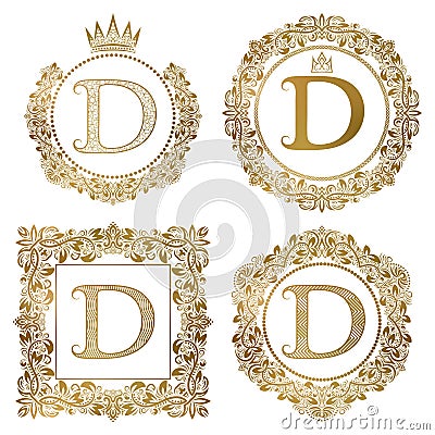 Golden letter D vintage monograms set. Heraldic coats of arms, round and square frames Vector Illustration