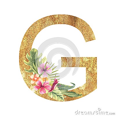 Golden letter G of the English alphabet with a watercolor bouquet of tropical leaves and flowers. Hand-drawn vector Vector Illustration