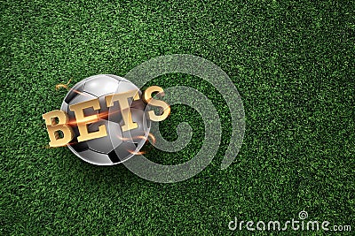 Golden Lettering Bets with soccer ball and green lawn background. Bets, sports betting, watch sports and bet. flat lay, top view Stock Photo