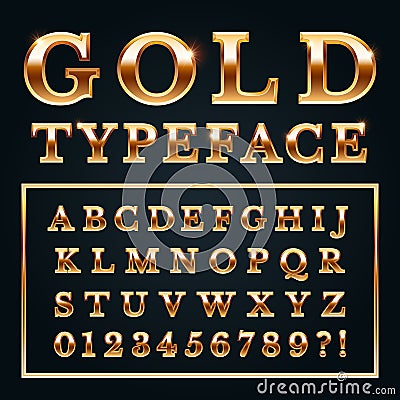 Golden letters with gold shine metal gradients. Shiny alphabet and numbers serif font for luxury lettering vector Vector Illustration