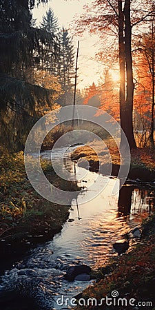 Golden Light: A Photorealistic Autumn Scenery With Charming Rural Scenes Stock Photo