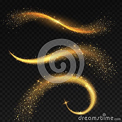 Golden light tails. Magic fairy stardust with yellow sparkles, christmas shiny star light. Glittering comets and festive Vector Illustration