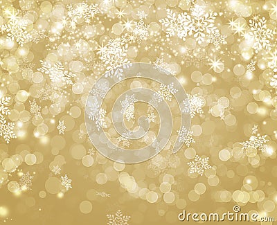 Golden lights decorated with white bokeh snowflake ans stars Christmas Stock Photo