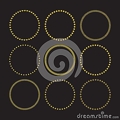 Golden like assorted signs empty circles border pattern emblems set design element on black Vector Illustration