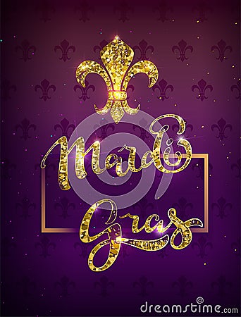 Golden lily silhouette symbol festival mardi gras. Greeting card gold text decoration Vector Illustration