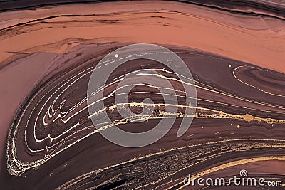 Golden lines and curls on brown waves. Acrylic Fluid Art. Abstract Art Deco background or texture Stock Photo