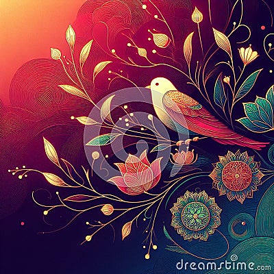 Golden lines outline green, pink and purple bird decorative painting Stock Photo