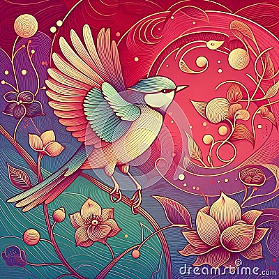 Golden lines outline green, pink and purple bird decorative painting Stock Photo