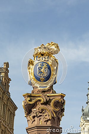 The golden Lion at the market fountain in Wiesbaden is the sign for county Hesse Editorial Stock Photo