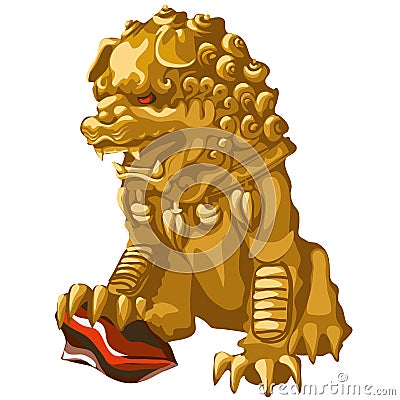Golden lion statue with red eyes in an Asian style Vector Illustration
