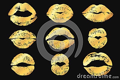 Golden lips. Lipstick imprint with shimmer, luxury gold glamour makeup. Metallic sparkle lips, shine trendy texture for Vector Illustration