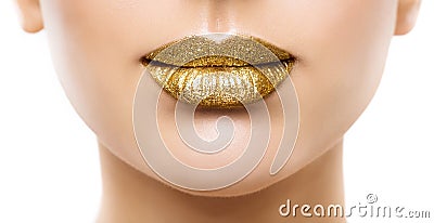 Golden Lips Make up Close up. Gold Beauty Woman Glitter Lipstick Gloss Makeup. Luxury Face Cosmetic Stock Photo