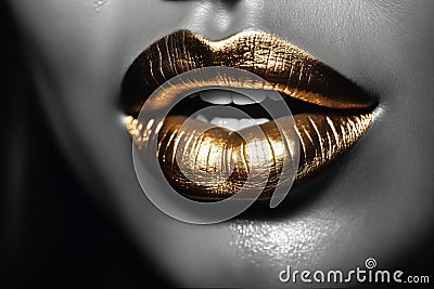 Golden lipstick closeup. Silver with Gold metal lips. Beautiful makeup. Sexy lips Generative AI. Stock Photo