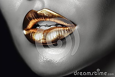 Golden lipstick closeup. Silver with Gold metal lips. Beautiful makeup. Sexy lips Generative AI. Stock Photo