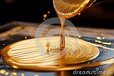 Golden liquid flows smoothly onto a reflective surface in a warm studio setting. Generative AI Stock Photo