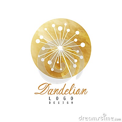 Golden logo with abstract dandelion plant. Medical herb. Botanical label. Original vector design for business card Vector Illustration
