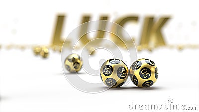 Golden lottery balls with `luck` text on background. Cartoon Illustration