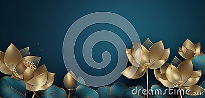 Golden lotus line arts on dark blue background luxury gold wallpaper design wedding background Stock Photo