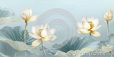 Golden lotus line arts on light blue background luxury gold wallpaper design wedding background Stock Photo