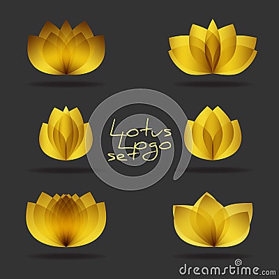 Golden lotus logos set on black background. Vector gold floral logotypes template of beauty salon. Flower blossom symbols Vector Illustration