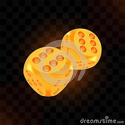 Golden luck award craps concept, shiny realistic metallic two rolling hanging dices Vector Illustration