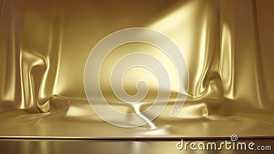 Golden luxurious fabric or cloth placed on top pedestal or blank podium shelf. 3d rendering Stock Photo